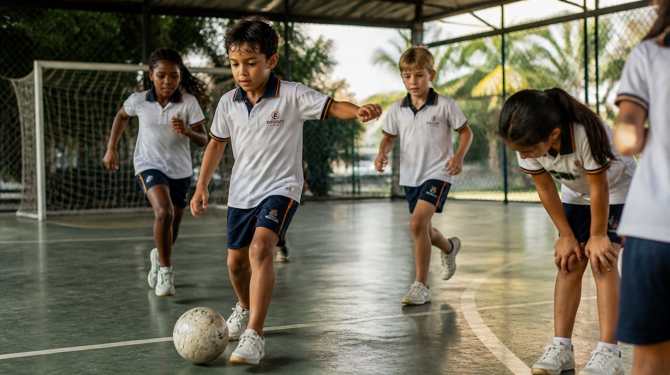 Crianças em aula de educação física na quadra coberta