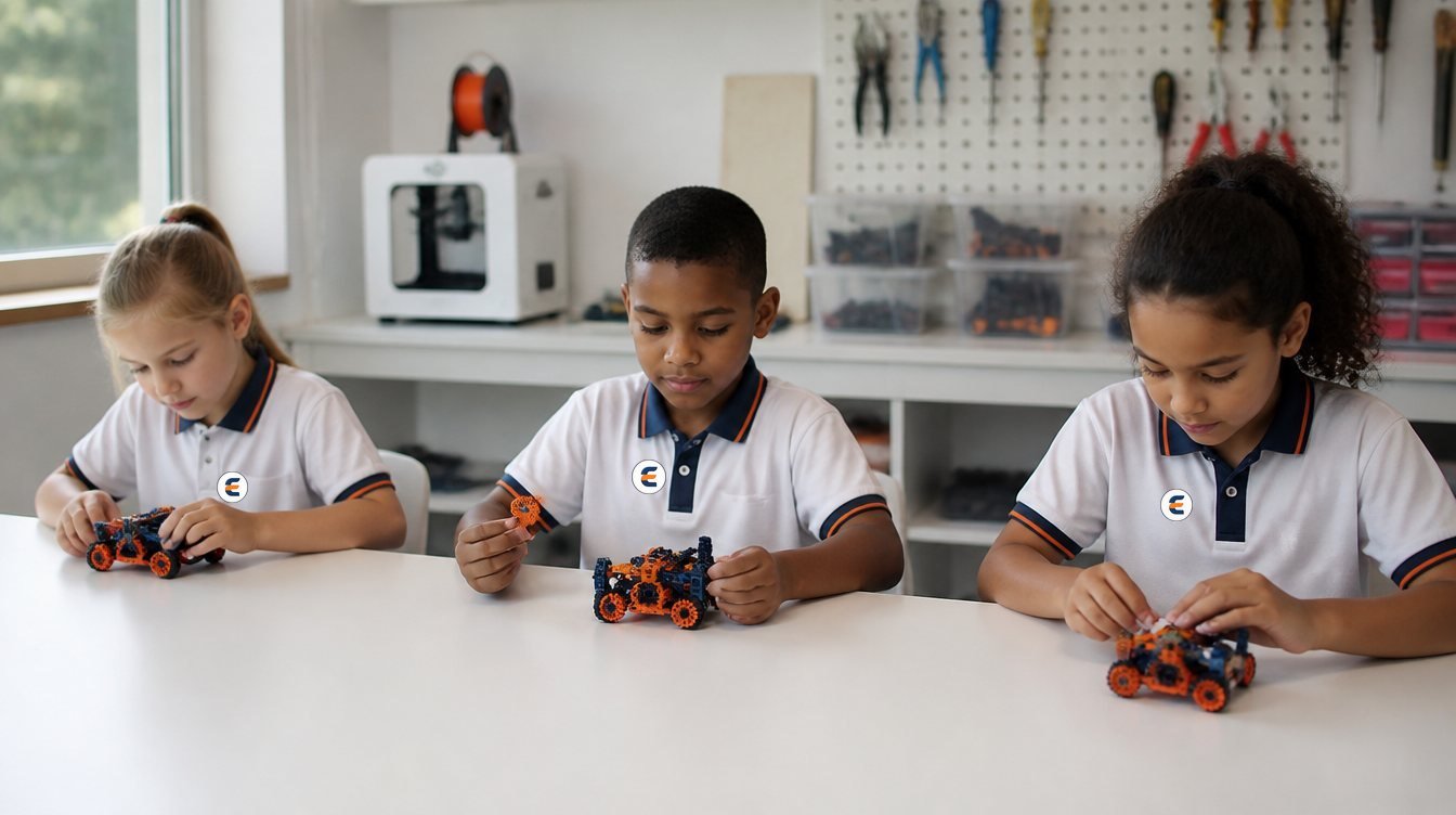 Alunos montando um braço robótico no Maker Lab da Educare Prime